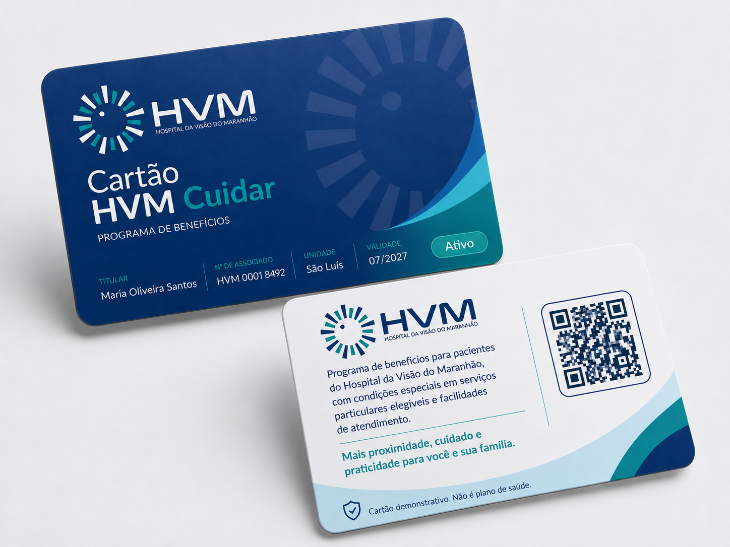 Arte demonstrativa do Cartão HVM Cuidar com frente e verso.
